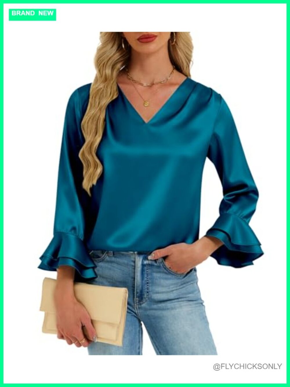 Women's Satin Blouse 3/4 Ruffle Sleeve V-Neck Pleated Work Top